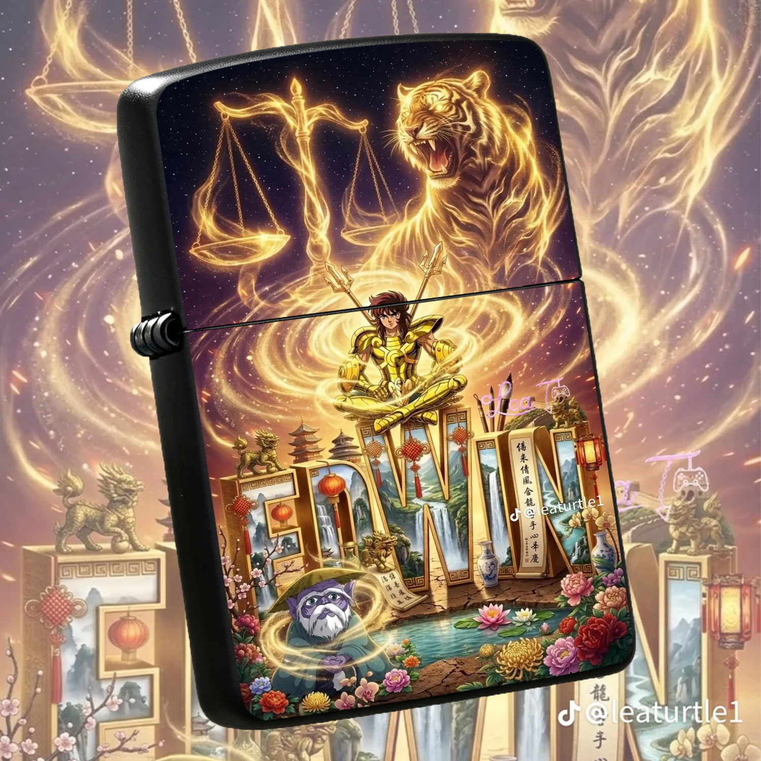 Anime Gold Saint Seiya Lighter, Creative Co-Branded Traditional Eastern Style Landscape Auspicious Tiger Pattern, All-Scenario Portable Exquisite Decorative Ornament, Ideal For Daily Use Personal Collection Gifting, Unique Trendy Cultural C