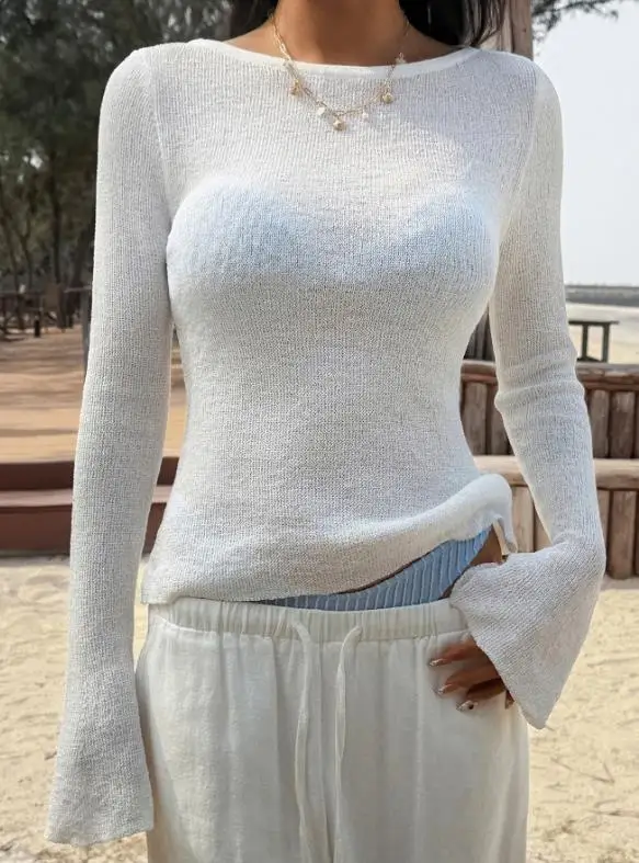 

2026 Spring/summer Slimming Pure Desire Vacation Women's Wear Horn Sleeve Woolen T-Shirt