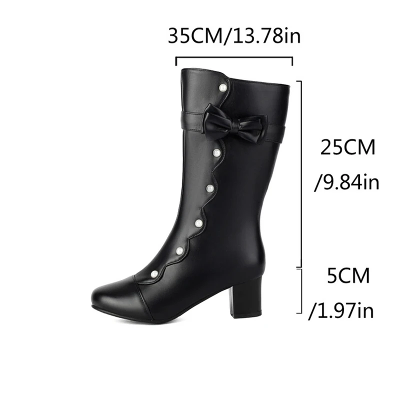 Girseaby doce bonito meados de bezerro botas dedo do pé redondo 5cm salto quadrado zíper pérolas plus size 46 47 48 us16 us17 estudante preto branco