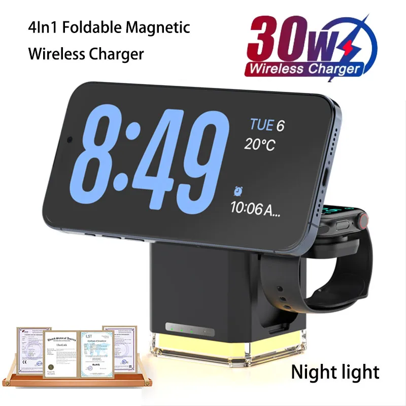 2025 Qi2 شاحن لاسلكي جديد مغناطيسي متعدد الوظائف 3 في 1 لهاتف آيفون 17 16 15 14 13 12 Pro Max Iwatch Airpods شاحن