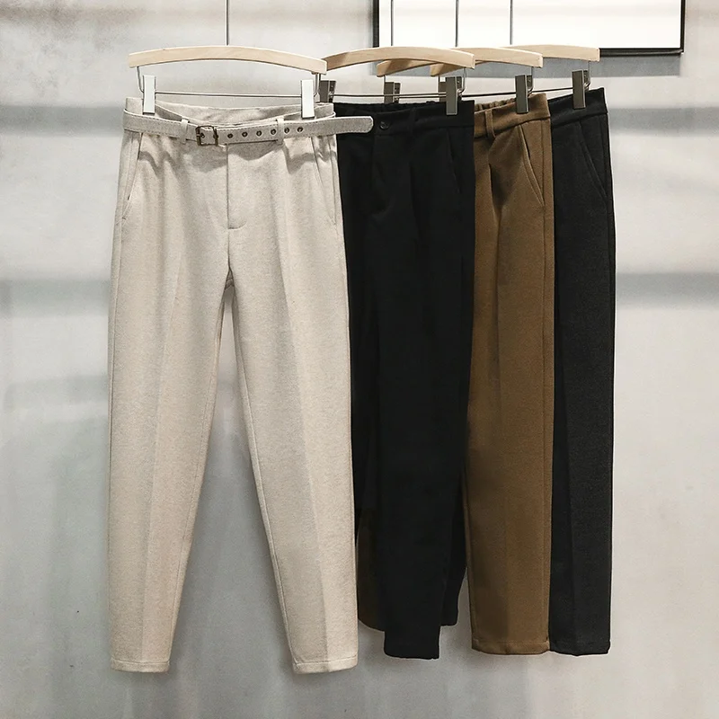 

Утепленные мужские повседневные брюки из шерстяной ткани для осени и зимы, в корейском стиле, универсальные, с эффектом потертости, зауженные, с разрезами, для отдыха