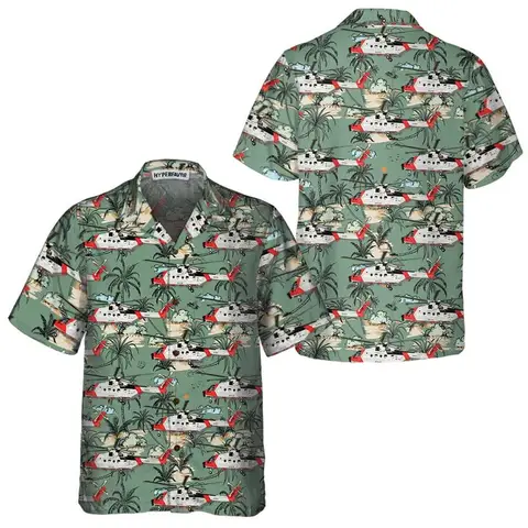 Men's Helicopter Print Hawaiian Shirt Helicopter Tropical Graphic Short Sleeve Button Down Shirt Casual Veteran Beach Shirt