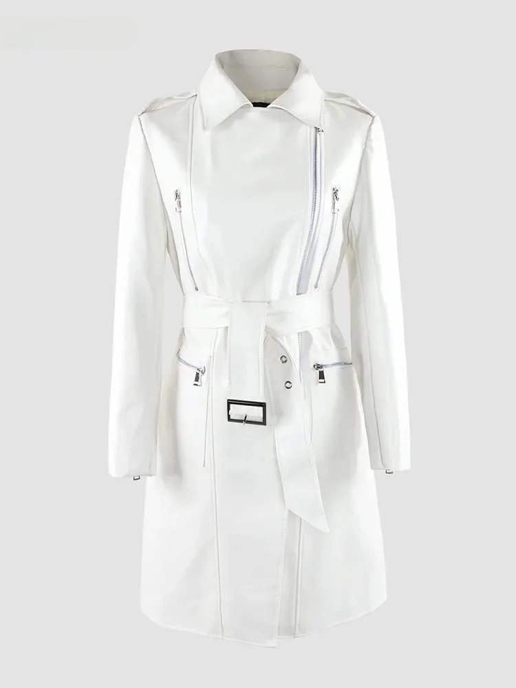 

Nerazzurri Women's Pure White Motorcycle PU Leather Jacket Zipper Design High Waist Belt Street Style Loose Fit Long Sleeve
