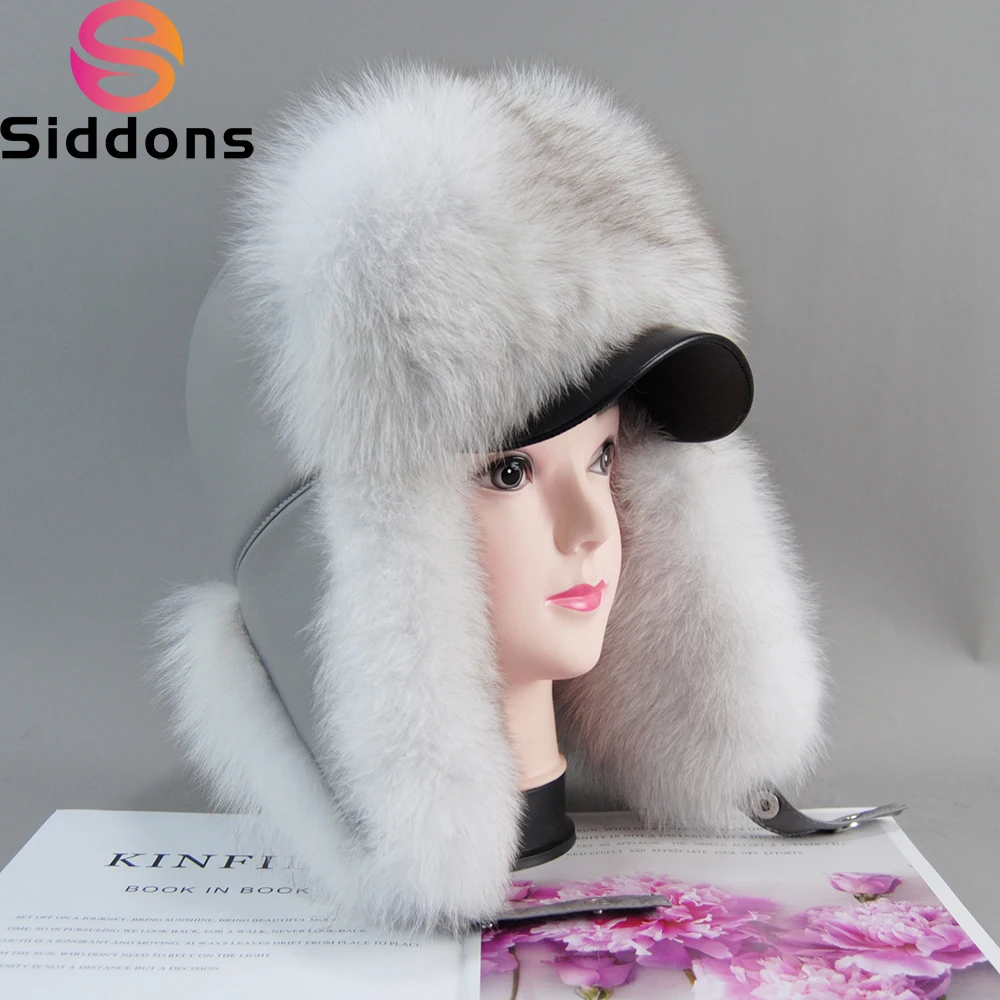 

Fashion New Winter Real Fox Fur Bomber Hats Russian Women Fluffy Fox Fur Ushanka Hat Lady Thick Warm Ears Sheepskin Leather Cap