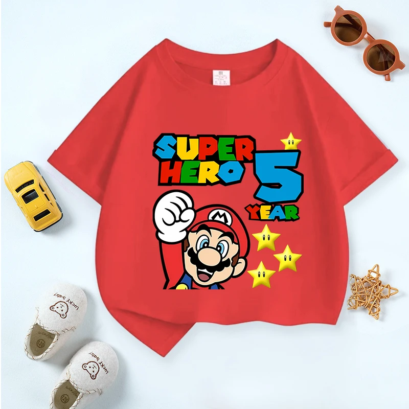 

Футболка с номером на день рождения Super Marios Bros для мальчиков, одежда с рисунком аниме, детская футболка с короткими рукавами, летние хлопковые красные топы для малышей
