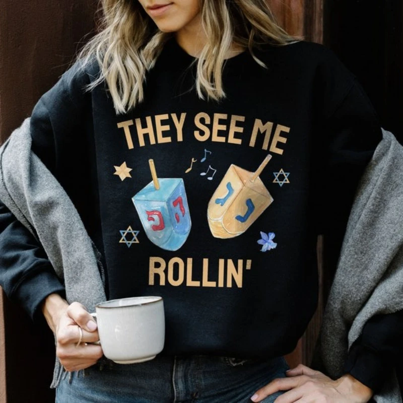 

They See Me Happy Hannukah Gifts Толстовка Rollin Chanukah Еврейская осенне-зимняя термотолстовка с длинными рукавами для взрослых Пуловер