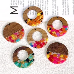 2pcs Colorful Retro Splice Earring Charms Wooden Resin Hollow Round Pendants For Necklace Keychain Bohemia Jewelry DIY Make