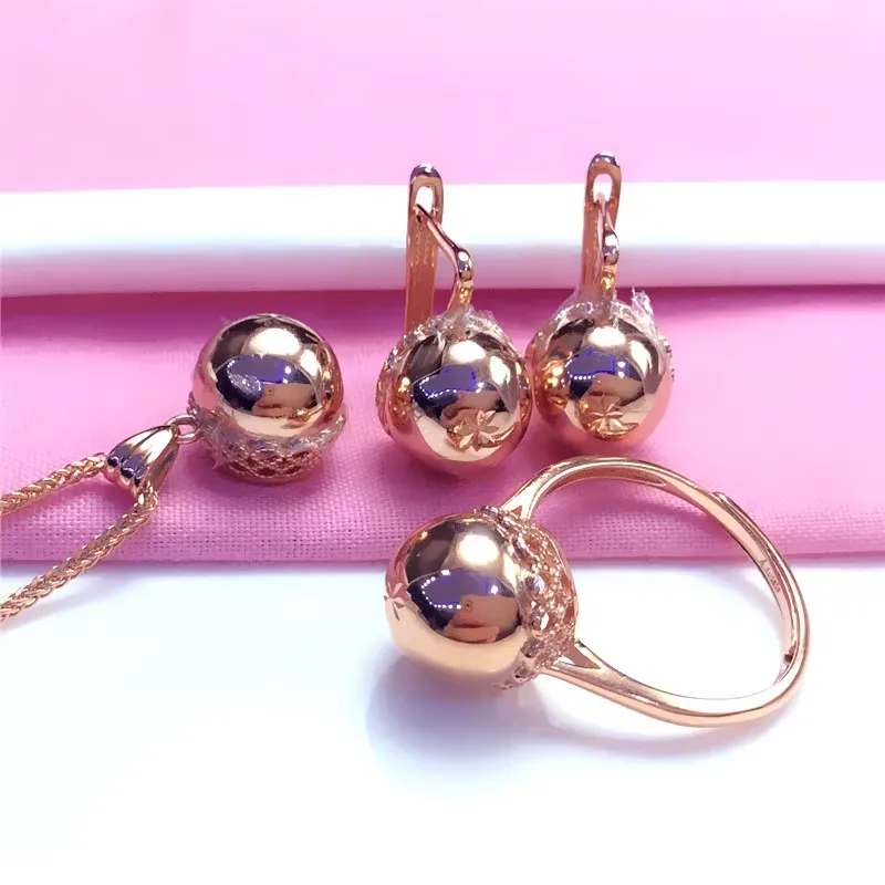 585 Purple Gold glossy Surface Round Bead jewelry sets Exquisite Light Luxury Plating 14k Rose Gold earrings for women necklace