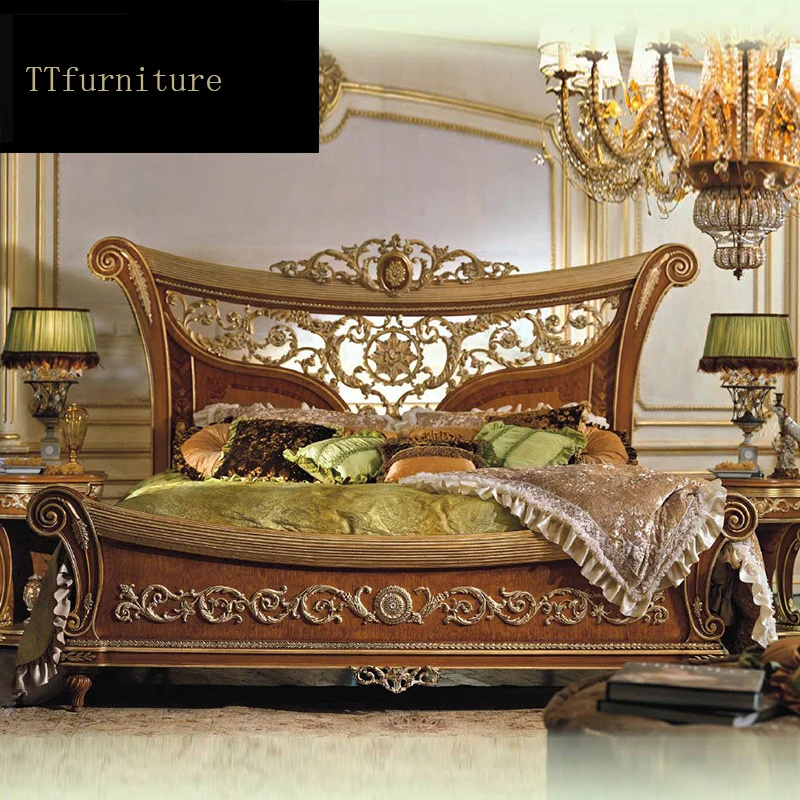 

modern european Italian solid wood genuine leather bed Fashion Carved luxurious french bedroom set furniture king size jx111