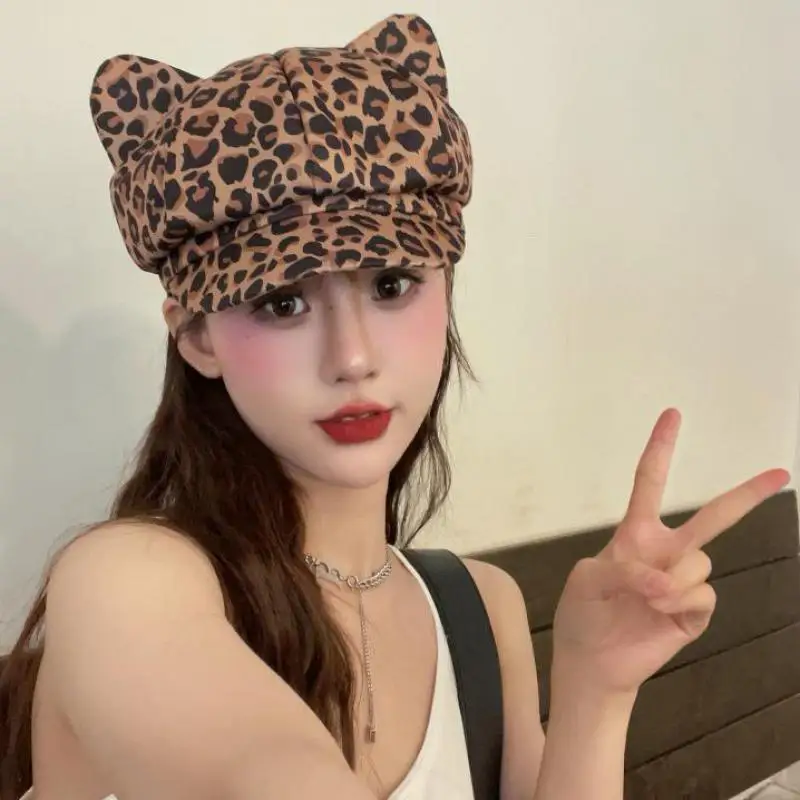 Newsboy Cap Octagonal Hats For Women Cow Zebra Leopard Pattern With Cute Ear Beret Sunshade Spring Summer 2025 New