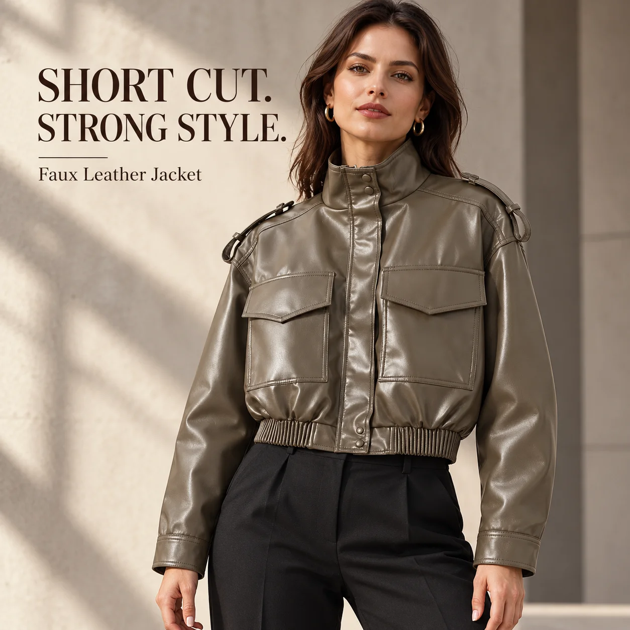 Women's Cropped Faux Leather Jacket Stand Collar Zip Up Long Sleeve Coat with Flap Pockets Autumn Casual Outerwear