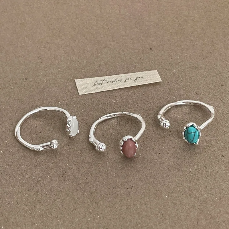 Minar Simple Oval Natural Stone Agate Kallaite Texture Metallic Open Adjustable Cocktail Rings for Women Silver Plated Copper