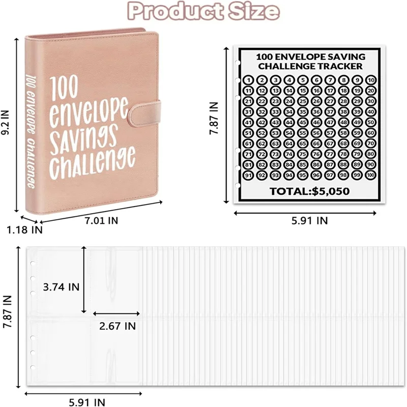 EDT-100 Envelope Challenge Binder, A5 Money Saving Budget Binder - Save 5,050 With The Money Saving Challenge Pink Easy Install