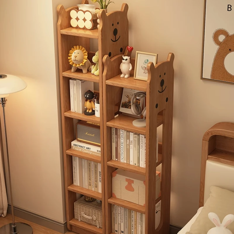 Children's Bear Wooden Bookshelf Freestanding Wall-Mounted Storage Shelf Space-Saving Bedside Corner Cabinet Rack for Kids
