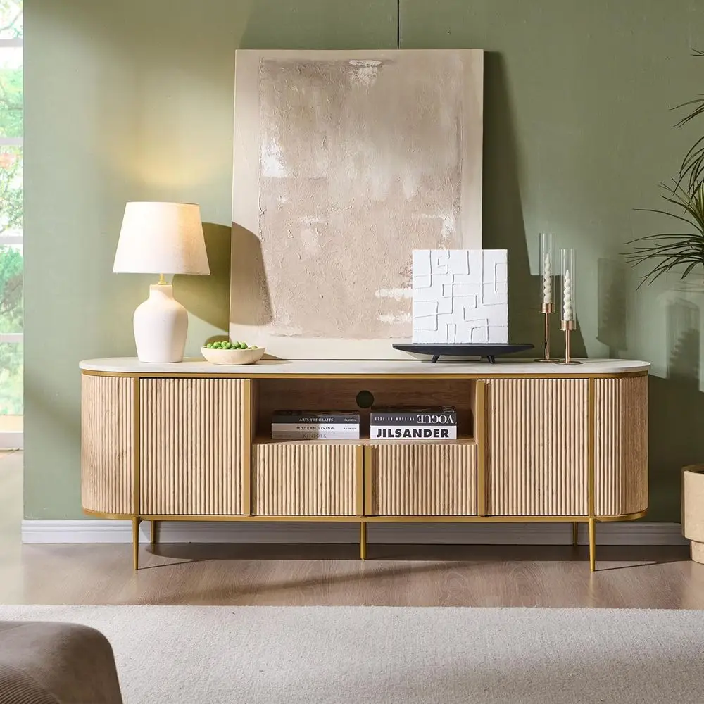 

Elegant 70 Marble-Top TV Stand for TVs up to 80, Curved Design, Ideal for Living Room, Natural Oak Finish