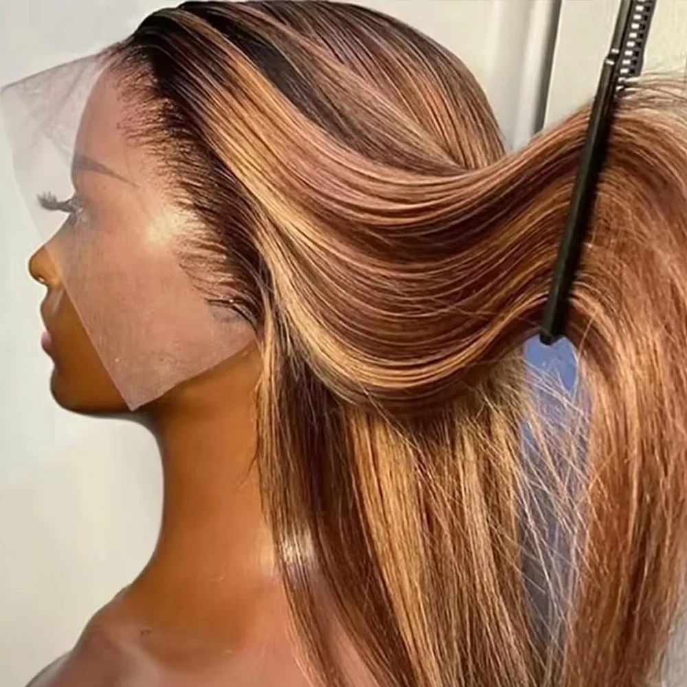 

250% Highlight Ombre Парик Фронта Шнурка Человеческие Волосы 36 Дюймов HD Прозрачный 4/27 Цветной Прямой 13x6 Парик Фронта Шнурка Человеческий Хай