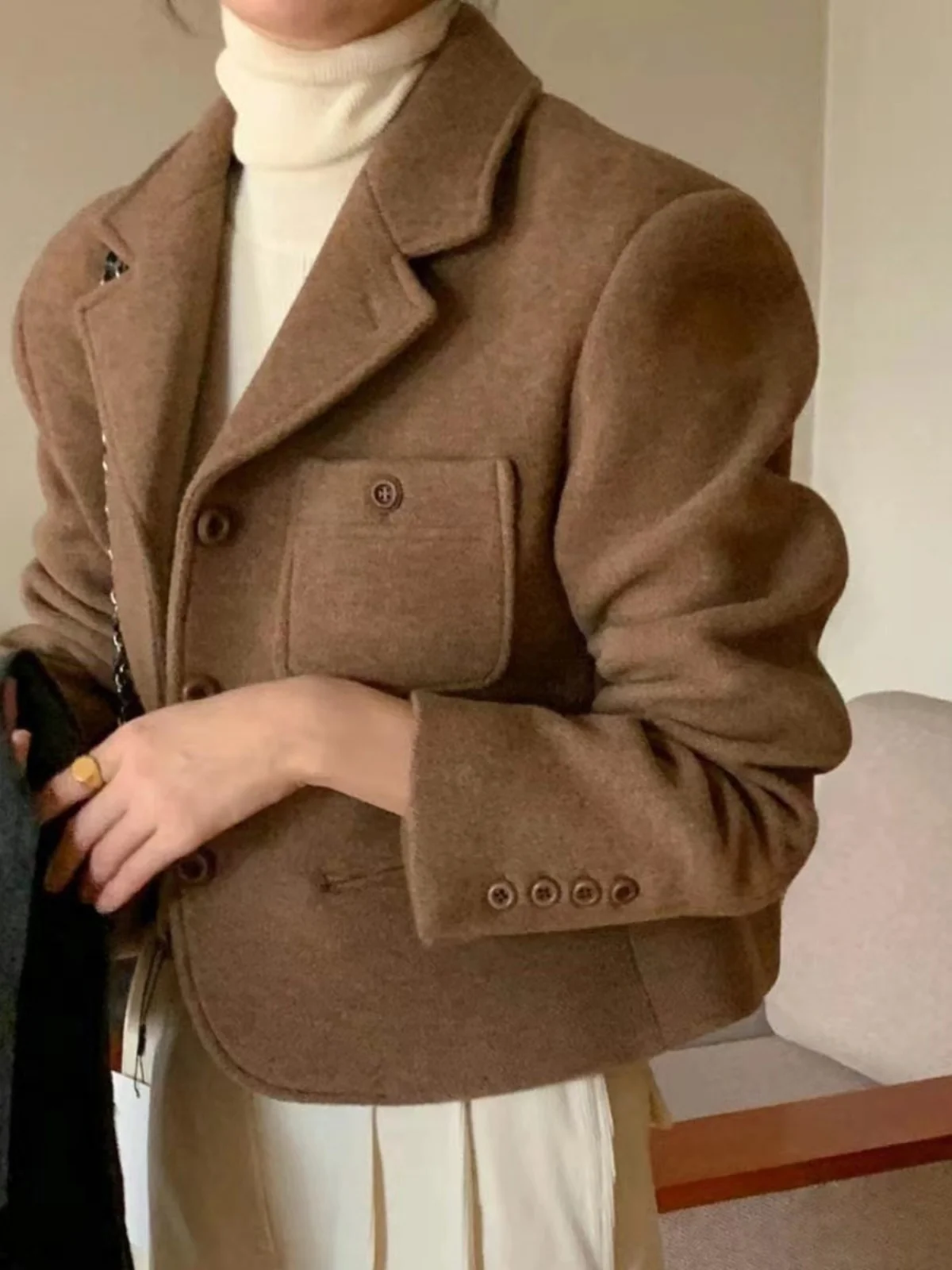 

Зимний или шерстяной тюжет, женский корейский костюм в стиле ретро с воротником на одной пуговице, топ без рукавов, качественный модный внешний...