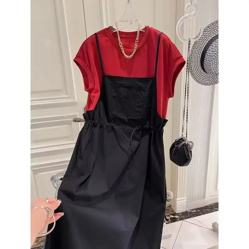 Women's Summer New Original Design Round Neck Short Sleeve Medium Length Loose Commute Spliced Fake Two Piece Suspenders Dresses