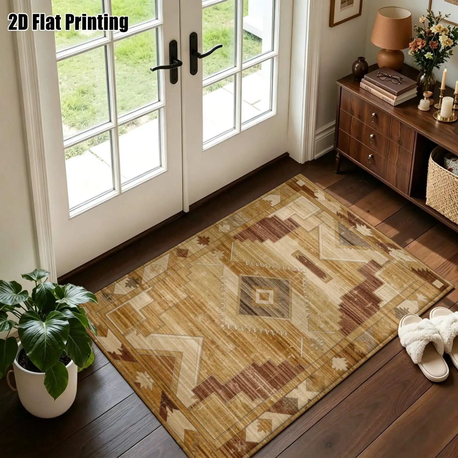 1Pc 2D Printed Carpet: Blue-Grey Retro Scrolling Flower Pattern, European Retro Style, Machine Washable, Multi-Size, Suitable for Home Decor as Entrance/Dining/Foyer/Study/Living/Bedroom Mat
