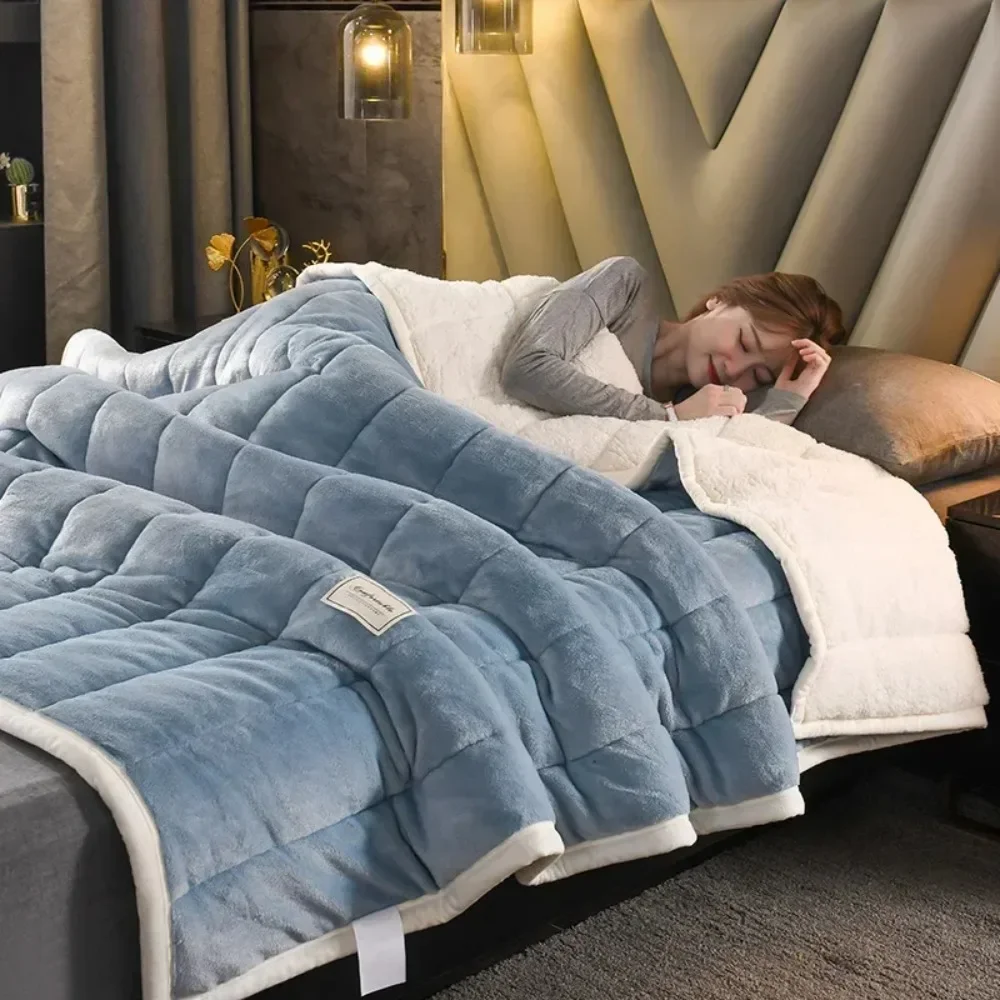 Thickeness Imitation Lamb Wool Blanket Winter Double-sided Three-layer Quilted Blanket Skin-friendly Cozy Warm Bed Cover Blanket