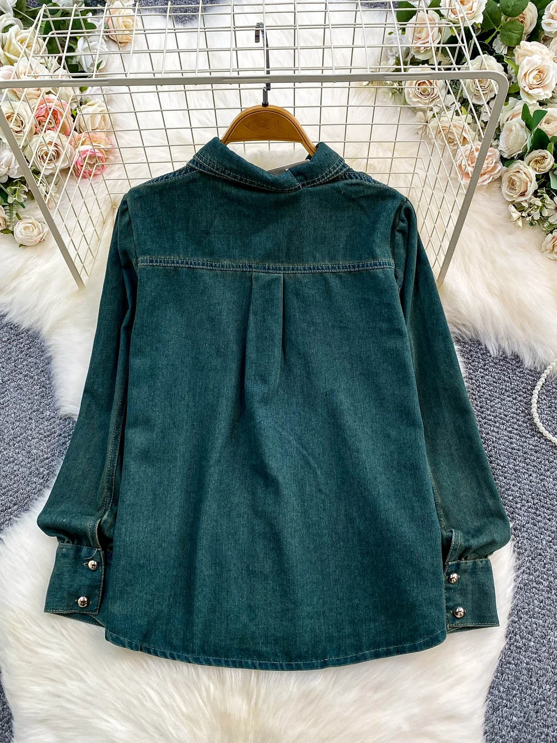 Retro American Worn-look adient Blue Double-layer Collar Denim Jaet Women's Loose Casual All-match Autumn Winter Top