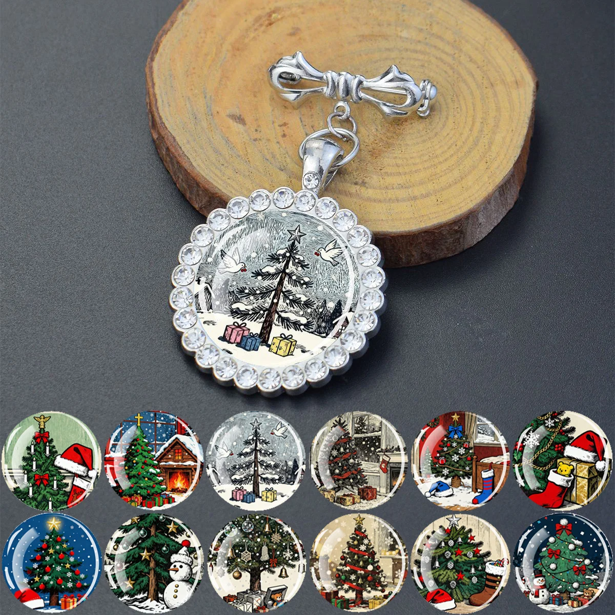 1PC Christmas tree patterned glass brooch, paired with synthetic zircon decorative pendant, suitable as a Christmas party gift