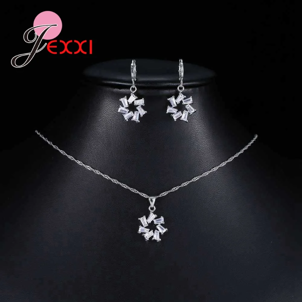 Delicate Shiny AAA Cubic Zircons Pendant Necklace&Earring Jewelry Sets 925 Sterling Silver Color For Women Anniversary Banquet