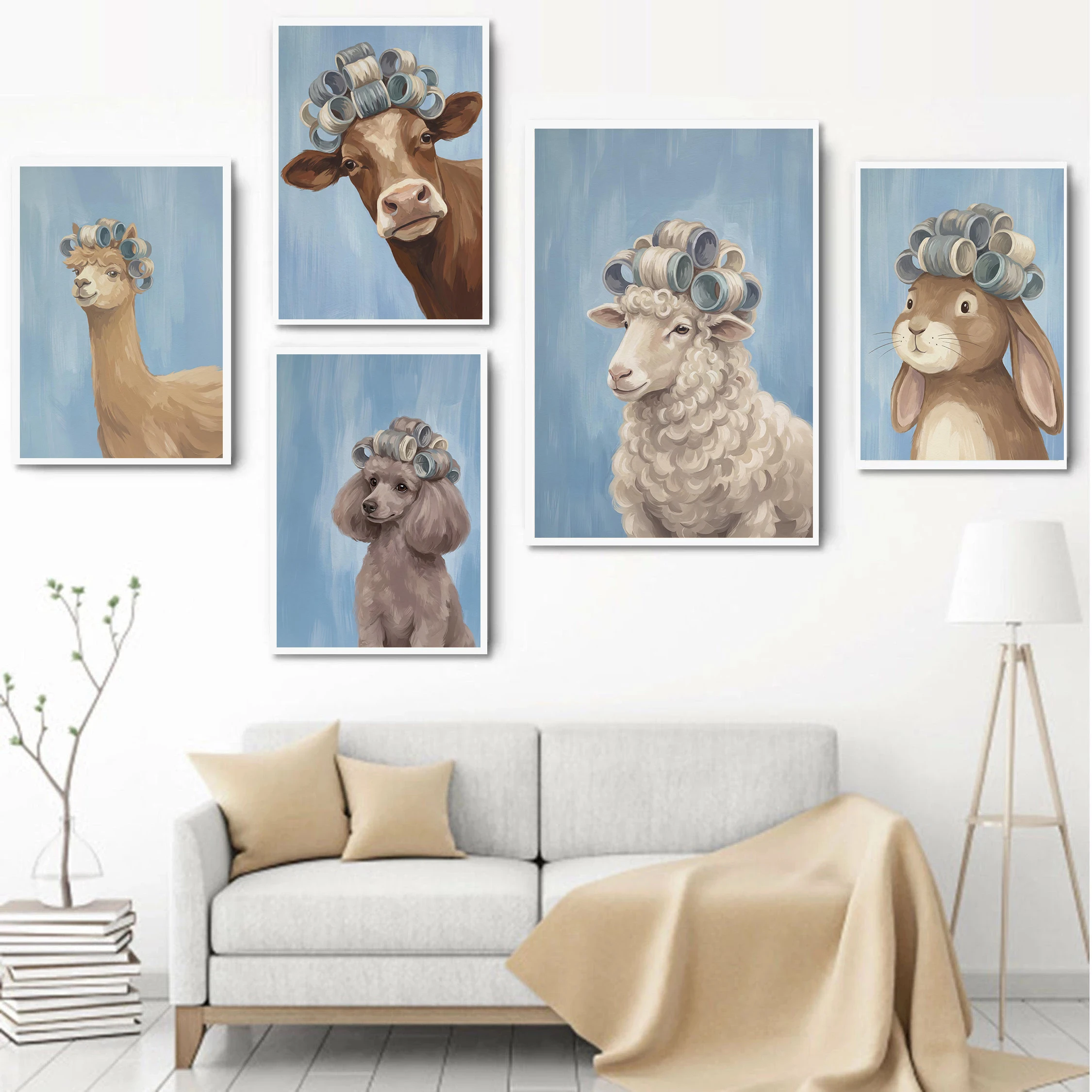 Funny Retro Hair Curlers Animal Posters Poodle Sheep Poodle Rabbit Modern Prints Canvas Wall Art Pictures Home Living Room De