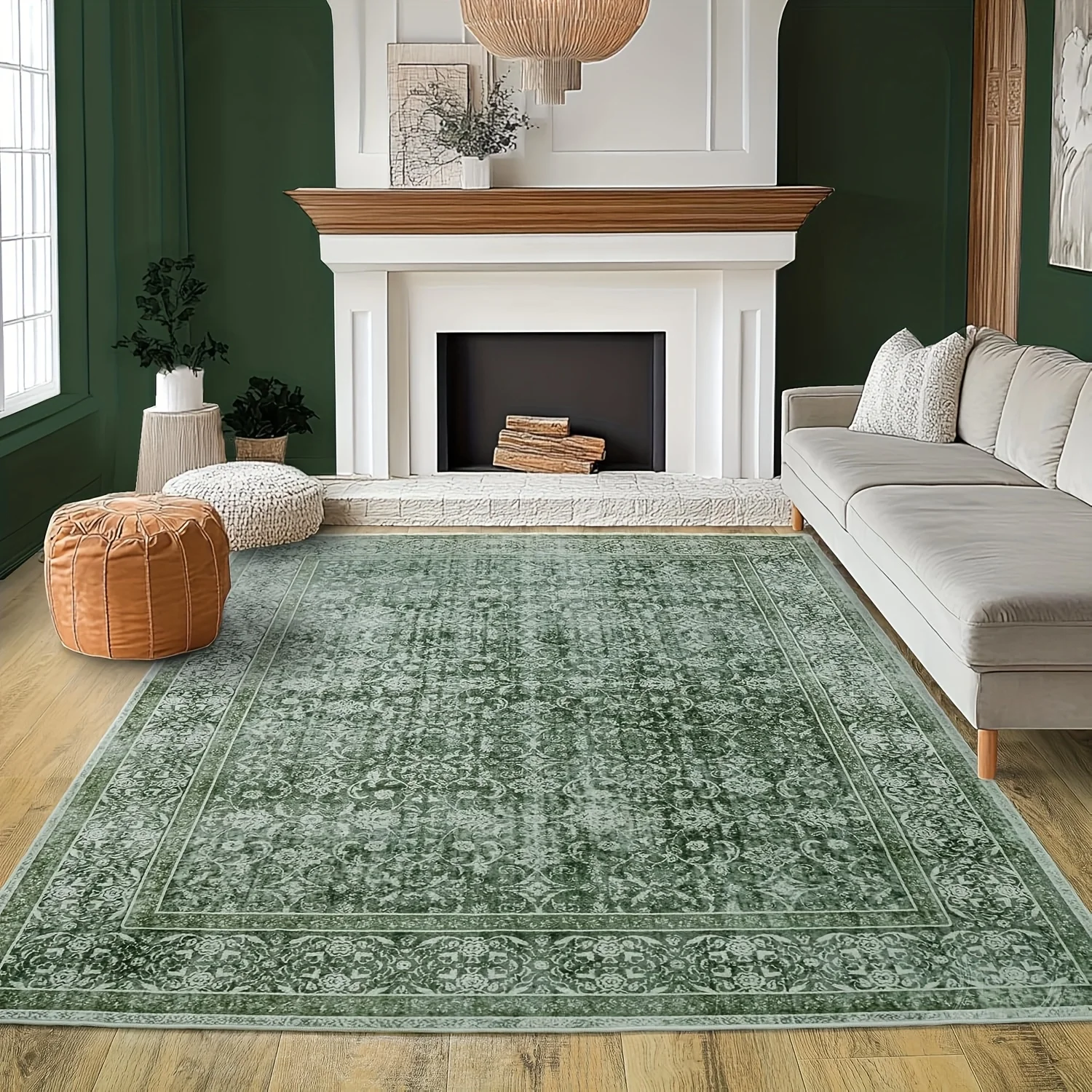 

Gnizama Green floral living room large area rug, washable vintage floral rug for living room, large area rug for bedroom