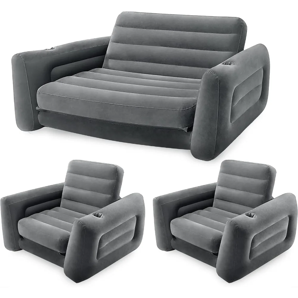 Inflatable Furniture Set with Queen Sized Pull-Out Sofa Bed and 2 Sofa Sleepers, Gray - Air Mattress, Portable Couch