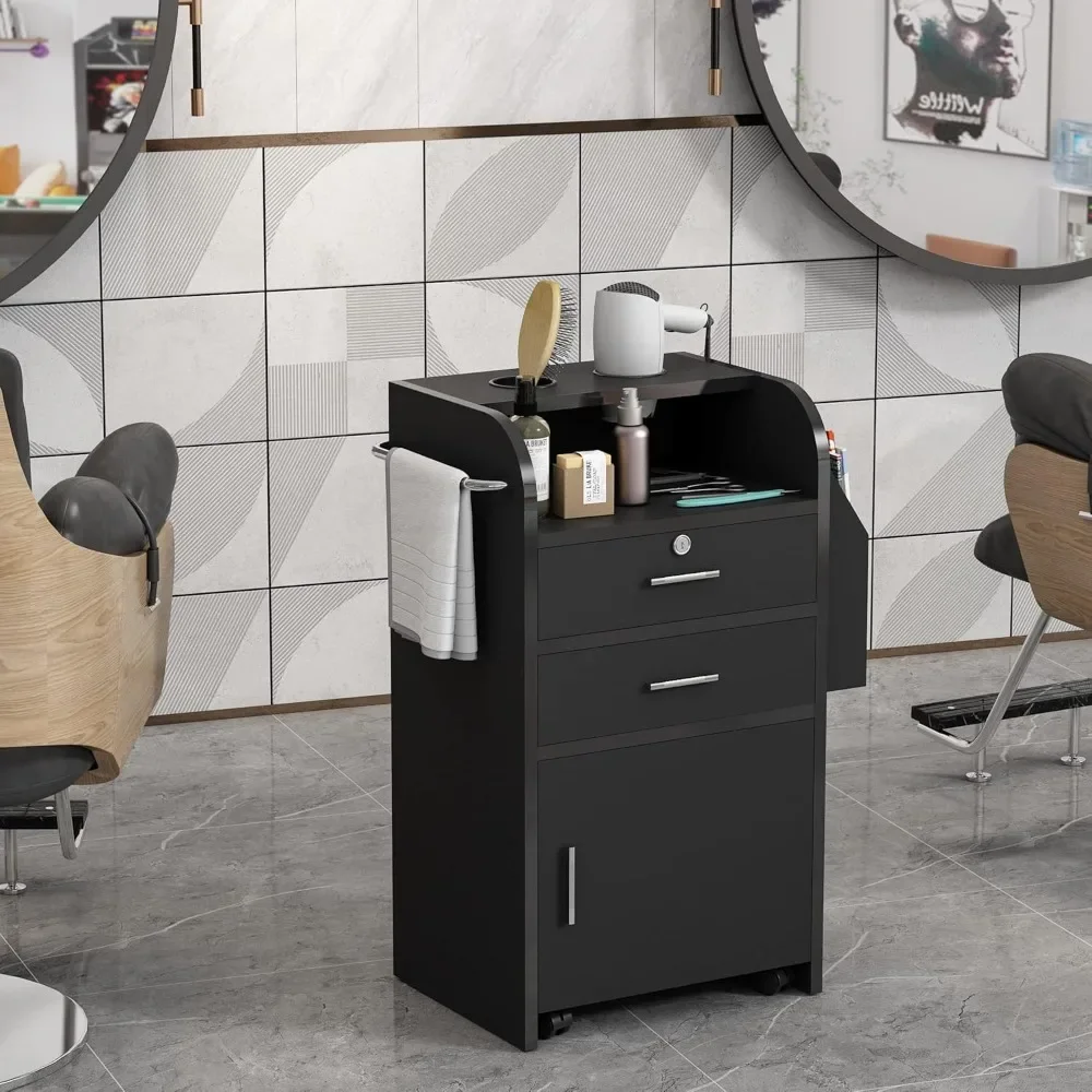 

Salon Trolley Cart with Wheels - Hair Stylist Station w/2 Hair Dryer Holders, 2 Drawers, 1 Large Cabinet & Towel Rack