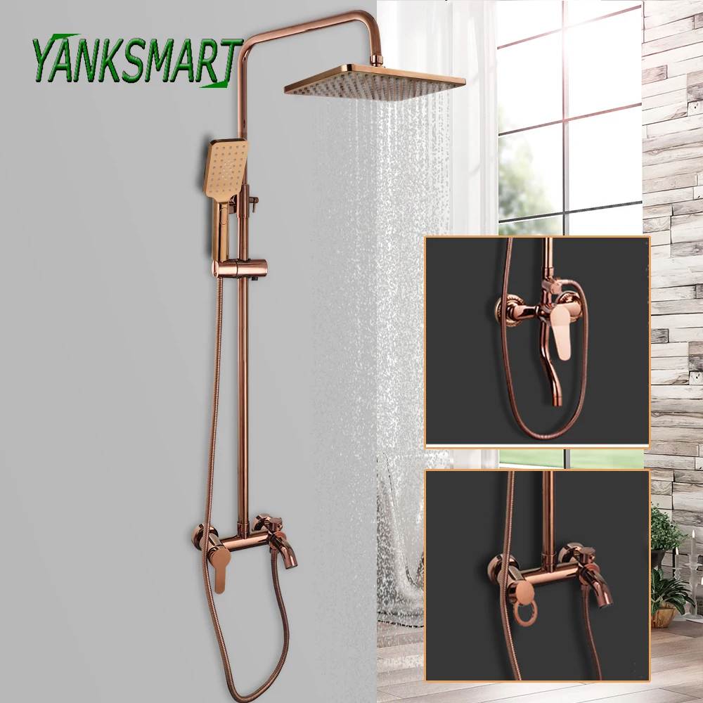 

YANKSMART Rose Gold Rainfall Bathroom Shower System Faucet Wall Mounted Bathtub Chuveiro Mixer Water Tap Shower Faucet Combo Kit