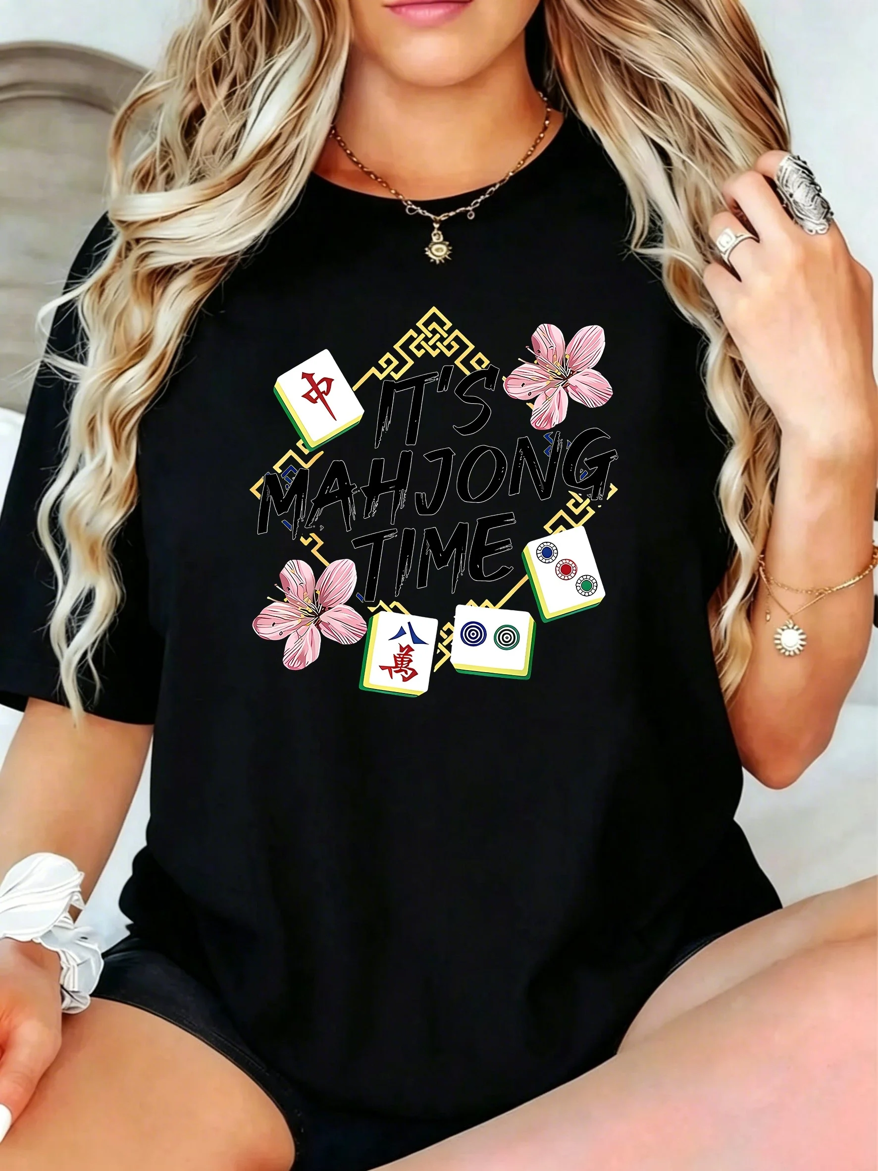 1Pcs Plus Size Women T-Shirt, It's Mahjong Time with Flowers and Tiles Shirt, Loose Type Shirt for Women
