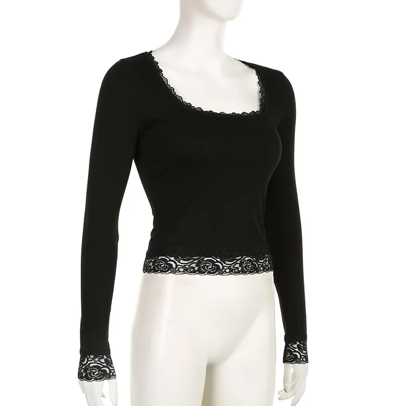Chic Lace Vintage Crop Tops Y2K Square Collar Long Sleeves Slim Tshirts Korean Fashion Black Casual Women Clothes T-shirts Tee