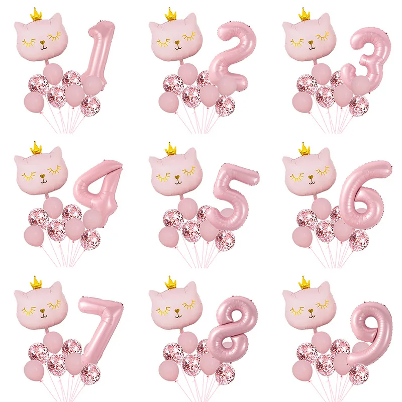 10pcs Pink Birthday Digital Balloon Pink Crown Cat Suitable For Children's Birthday Party Supplies And Decoration