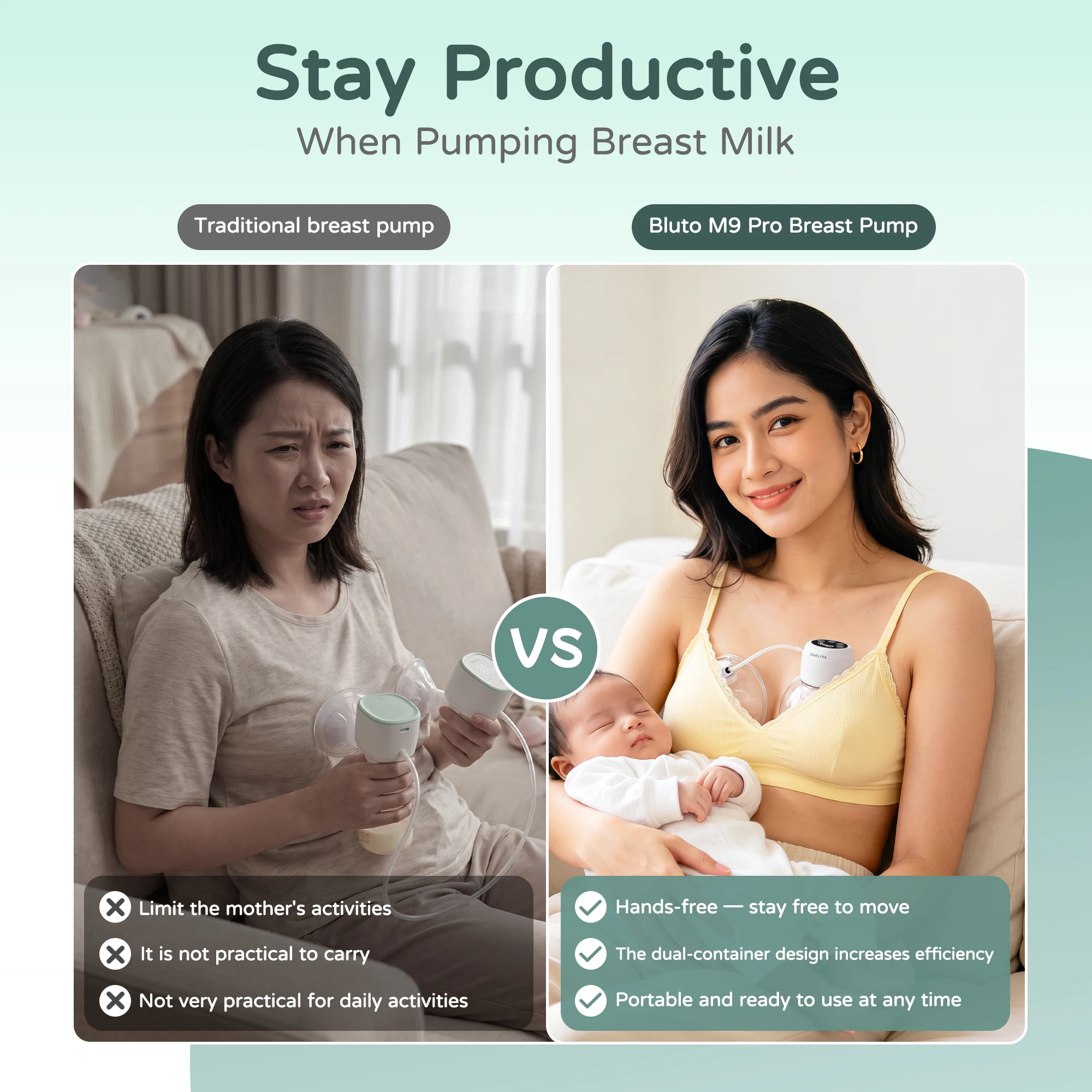 Bluto hands-free wearable breast pump, wireless portable 24mm, 4 modes, 9 gears Low noise LED displ new mom electric breast pump