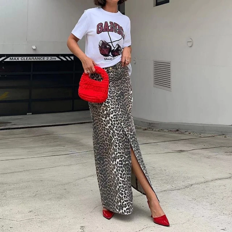 Deeptown Leopard Print Long Skirt Women Vintage Sexy Y2k Streetwear Midi Skirts Fashion High Waist Retro Casual Slit Denim Skirt