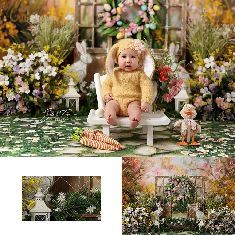 Hoppy Meadows Easter Backdrop Eggs Green Leaves Garland Kids Baby Cake Smash Photography Props Child Girls Photo Backgrounds