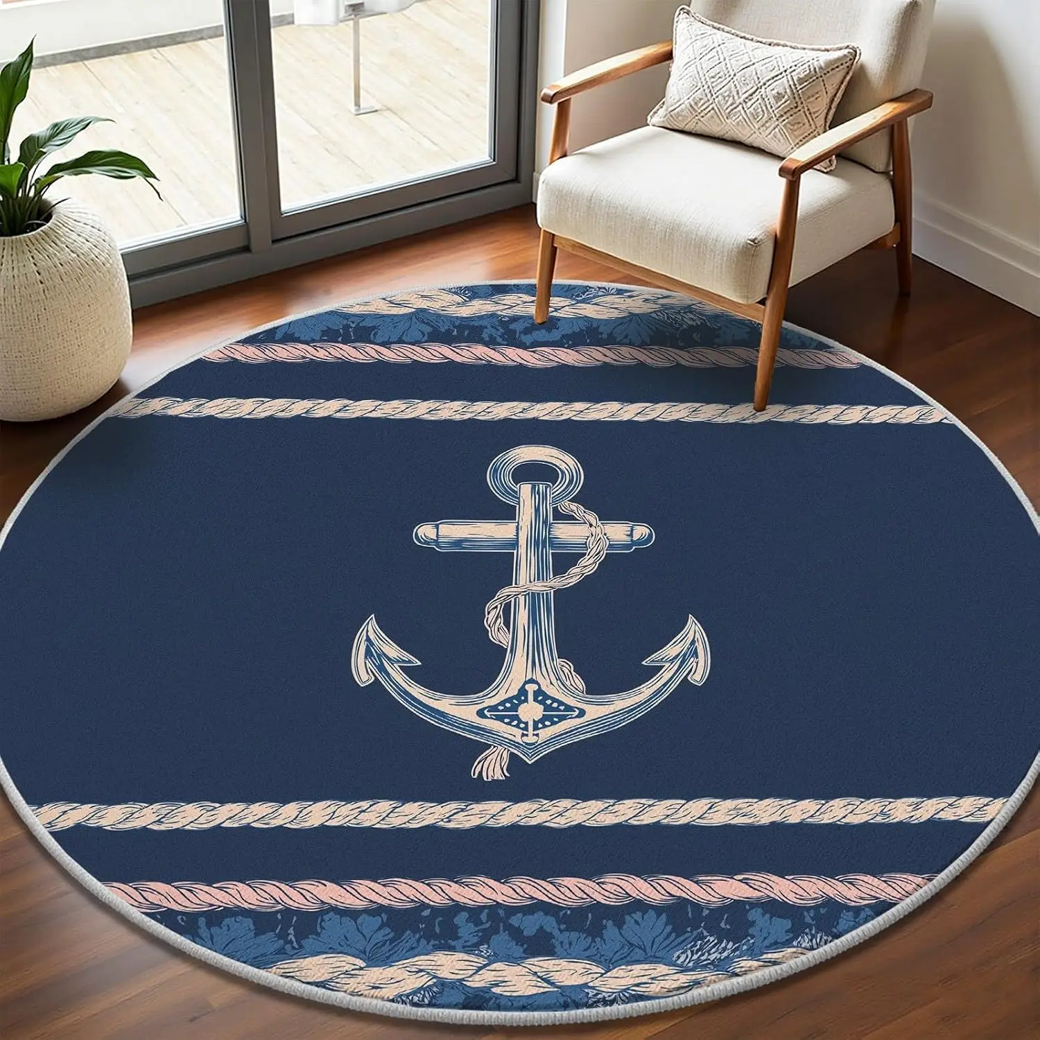 Round Nautical Area Rug Navy Blue Coastal Decor Anchor Design Bathroom Mat Ocean Theme Indoor Floor Accent Rug