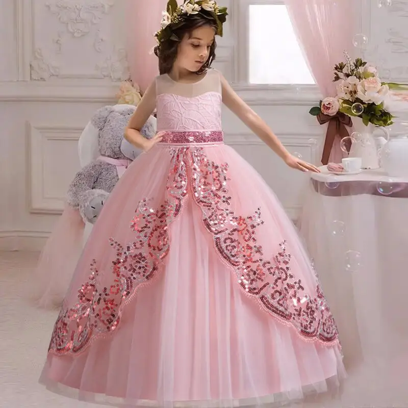 4-10 Years Kids Wedding Party Dresses for Girls Appliques Flower Elegant Princess Dress Children Birthday Banquet Prom Gown