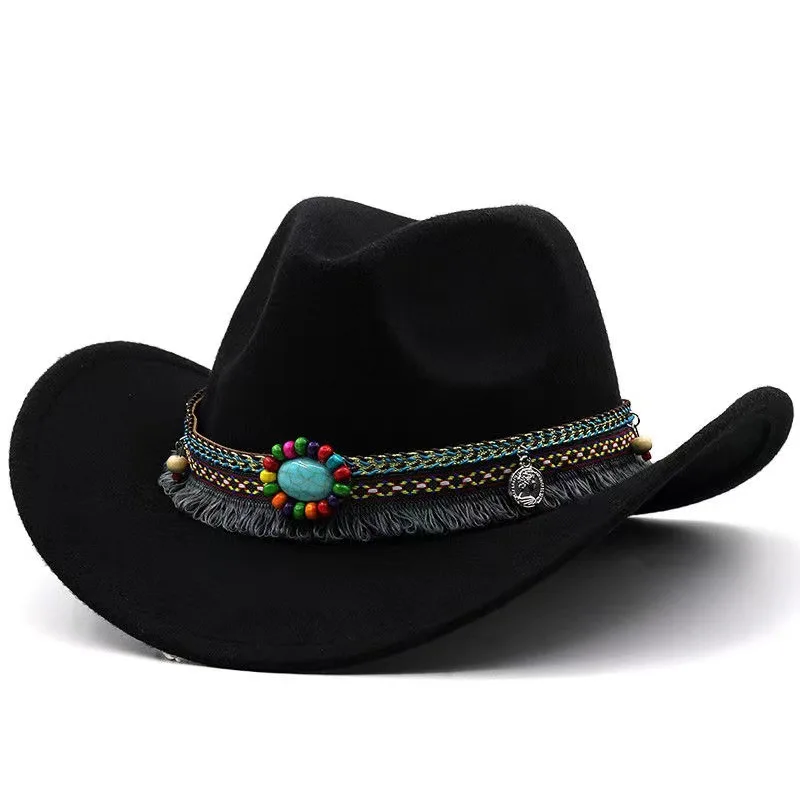 Simple Upturned Brim Hat Woolen Jazz Hat British Style Top Hat Ethnic Style Belt Solid Color Western Cowboy Hat