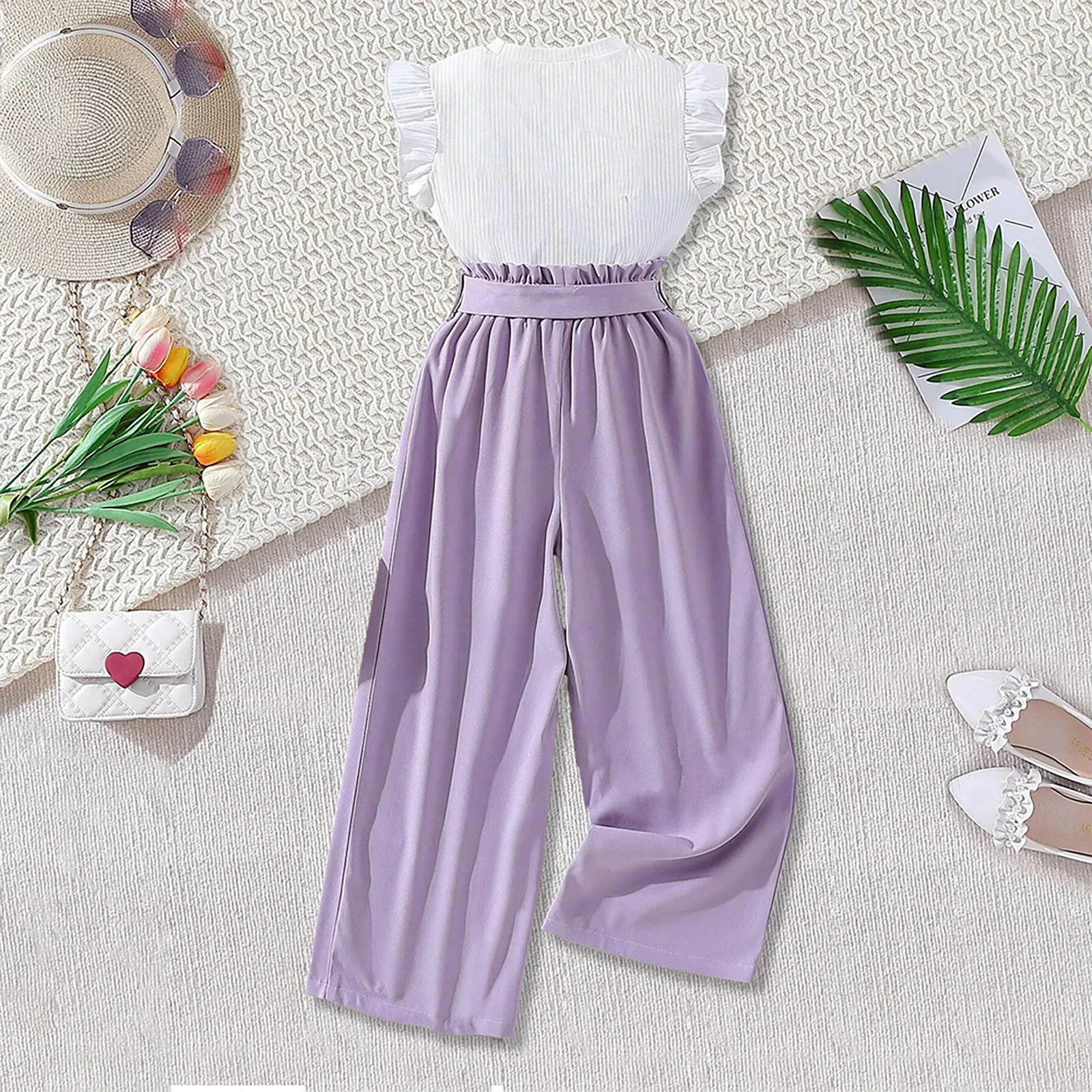 7t 11t Kids Girls' Clothes Printed Ruffled Sleeveless Top Solid Color Bow Belted Wide Leg Pants Two Pieces Children Sets Girls