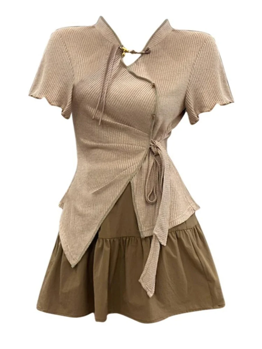 

plus Size Women's Faionable Chinese Sle irt Collar ort Top Summer Meat Concealing Skirt Set Two Pieces Set for Young ...