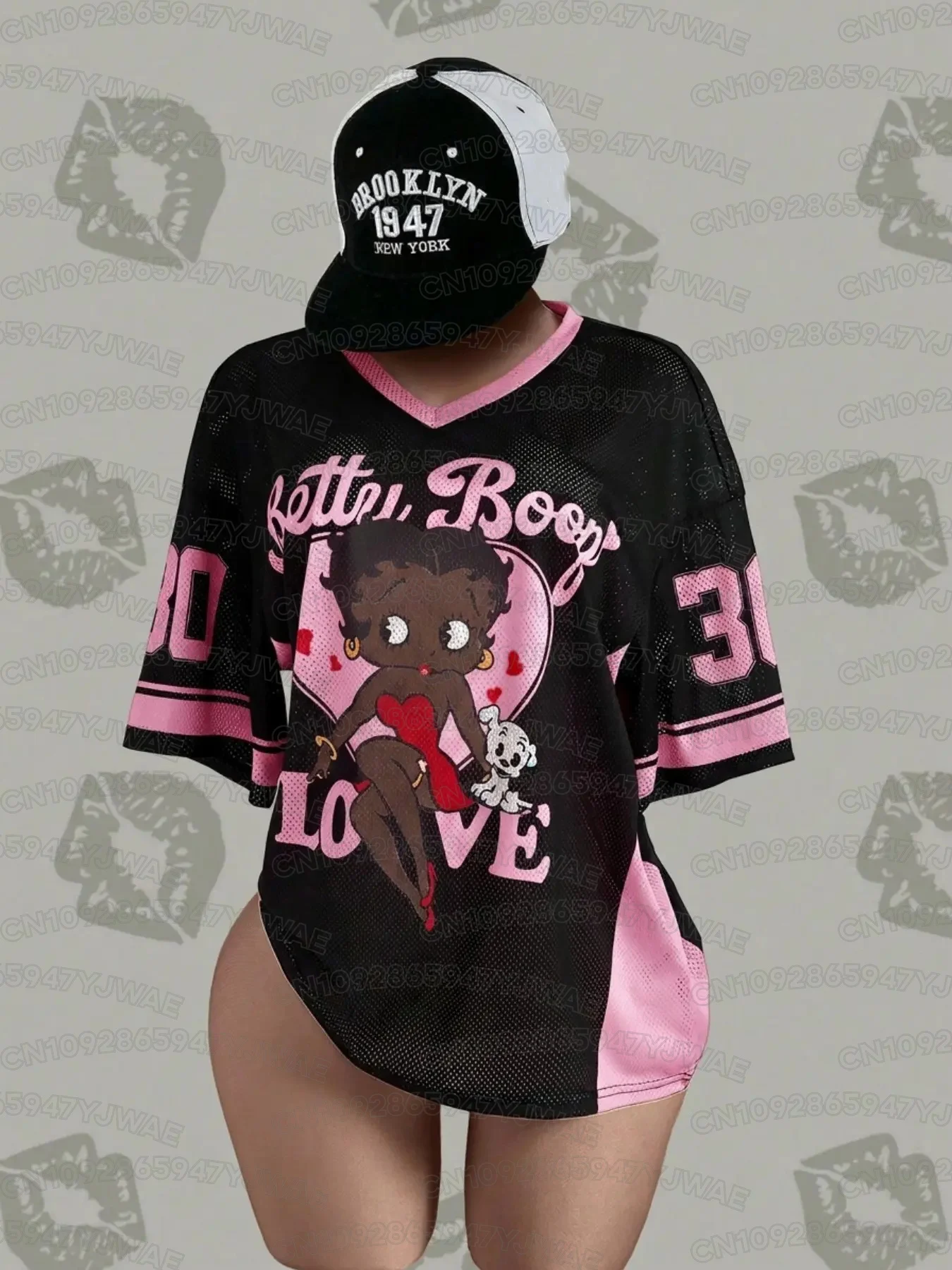 Sommer Damen- und Herren-T-Shirt mit Cartoon-Betty-Boop-Print, V-Ausschnitt, Grafik-Design, Fußballtrikot, Übergröße, Sport-T-Shirt, Kurzarm-T-Shirt – Detail 9