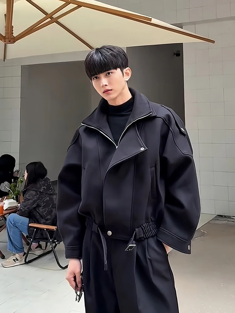 

Korean Sle Men's ort Woolen Coat Double Layer Collar Light Maturi Autumn Winter Faion Outerwear Fake Two-Piece Jaet