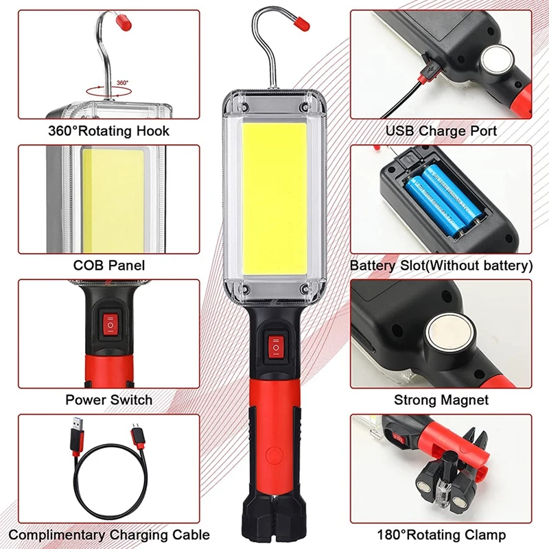 2 Pieces Rechargeable Work Light Magnetic LED Work Light Flashlight Drop Lights With Hanging Hook,For Garage Lighting