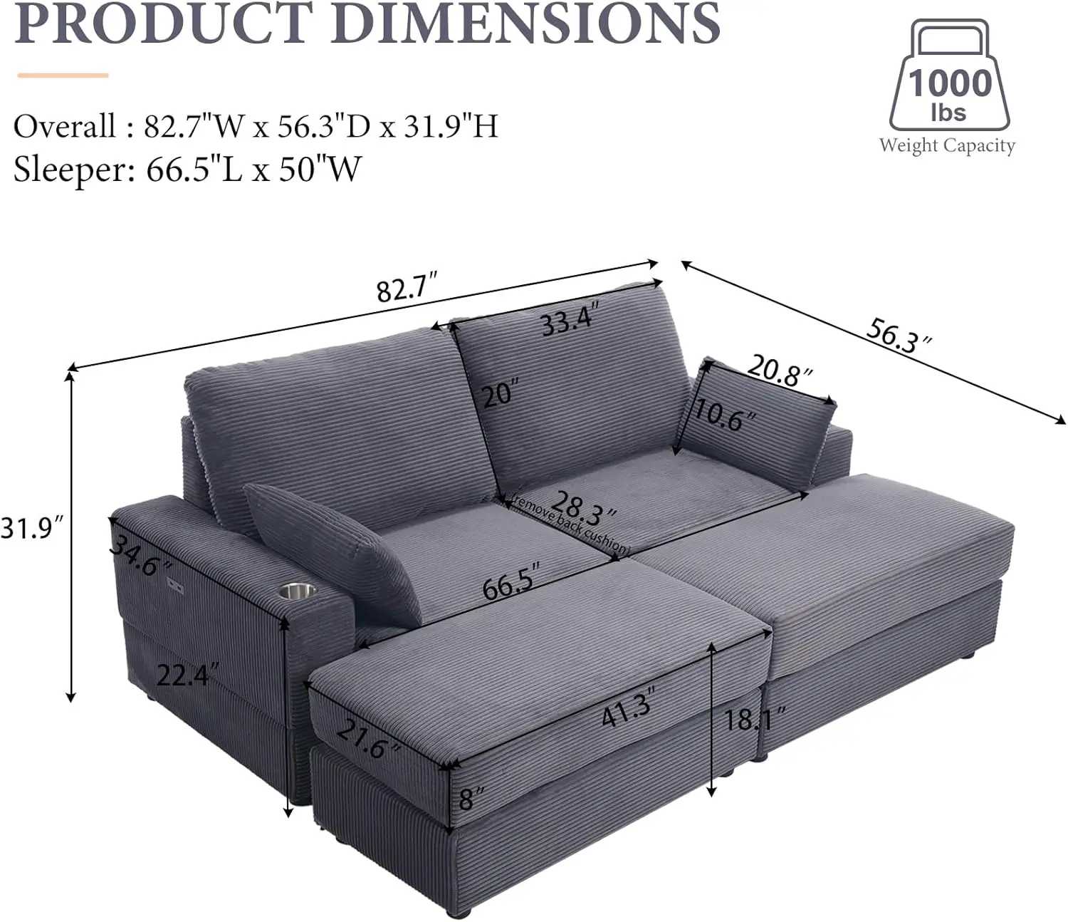 82.7” Corduroy Sectional Couch, Double Chaise Lounge Sofa, Deep Seat Oversized Loveseat with Ottomans, Cup Holder & USB Port