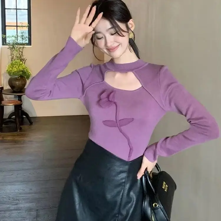 

Knitted Sweater Chic New Chinese Style Purple Hollow Design Women Autumn Winter New Three-Dimensional Flower Bottoming Shirt Top