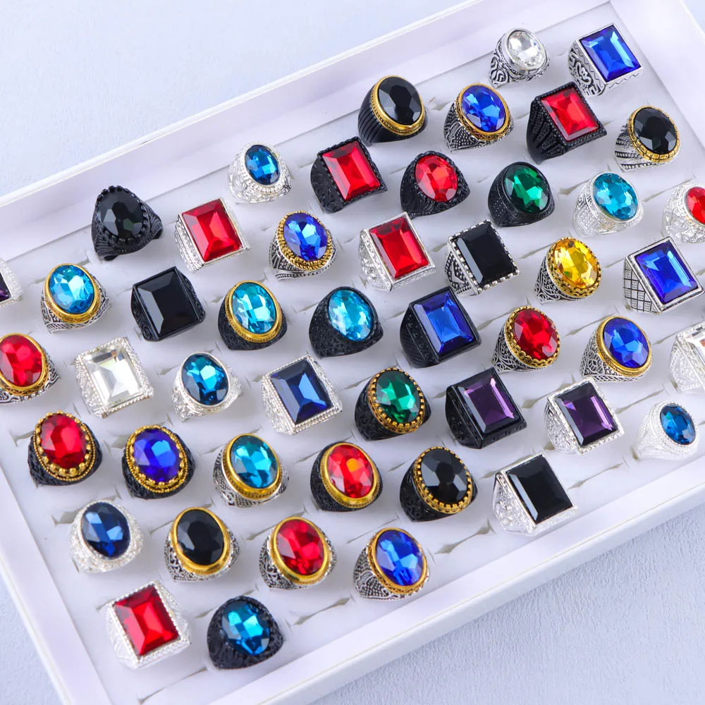 10/20/30/50 قطعة/الوحدة موضة الشرير ريترو حلية الزجاج حجر لامعة خواتم للنساء الرجال الهندسة منحوتة مزيج نمط مجوهرات هدايا الحفلات #1