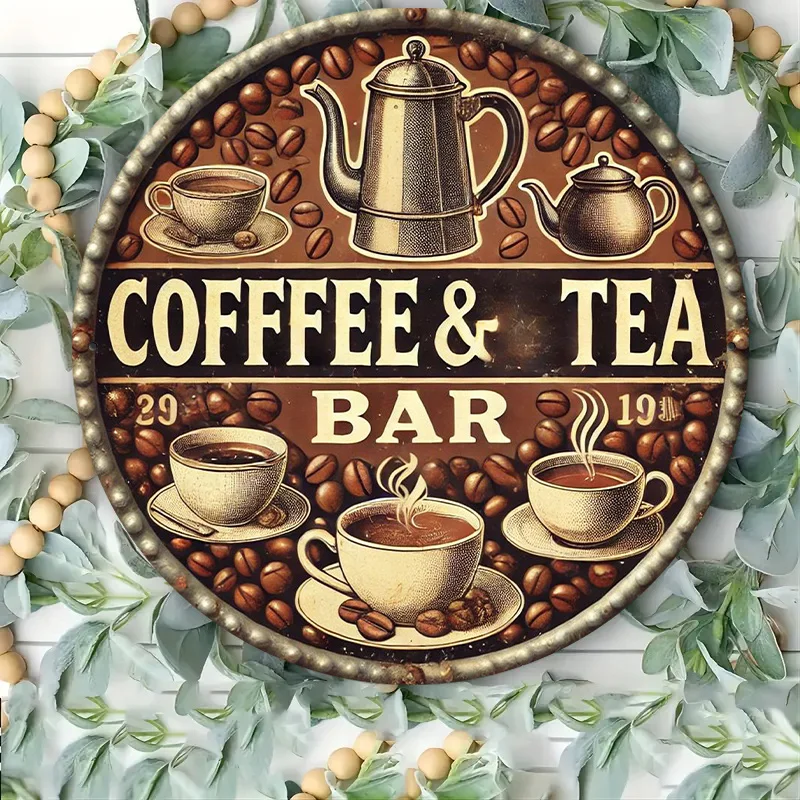 لوحة لافتة معدنية مسطحة 2D، قطعة واحدة مفتوحة 2D، لافتة معدنية مستديرة لبار شاي القهوة العتيق - 7.8 بوصة × 7.8 بوصة | ديكور حائط متين #5